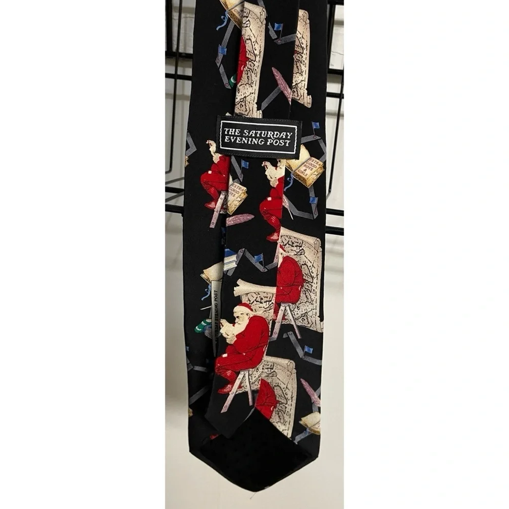 Saturday Evening Post Silk Tie Black Red Santa Making a List 3.75 in x 60 in - Picture 2 of 5